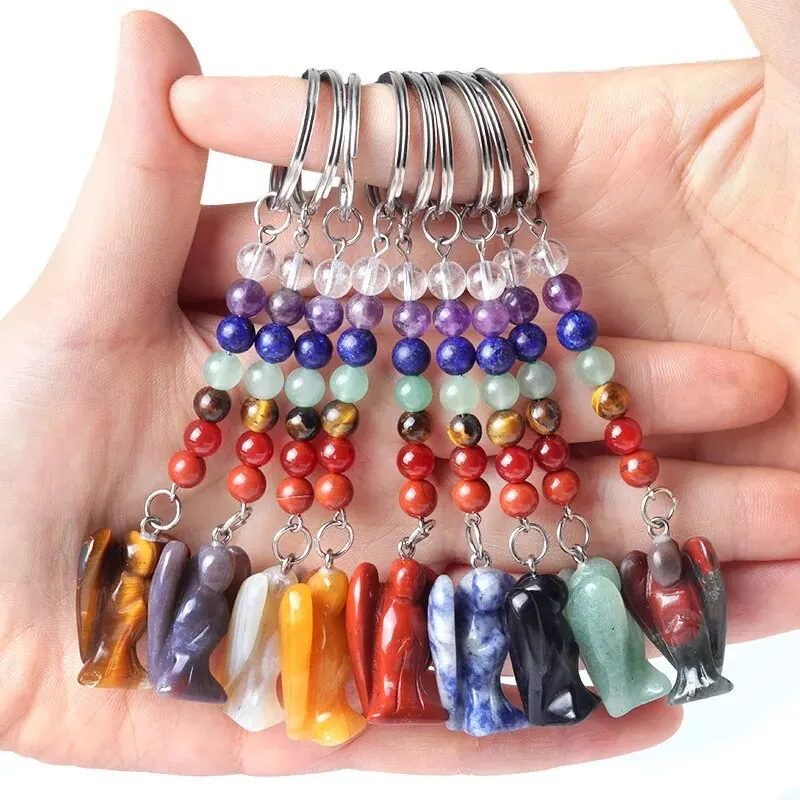 1pc 18x28mm Random Natural Stone Angel Keychain Agate Amethyst Quartz Guardian Angel Seven Chakras Pendant Jewelry Accessories