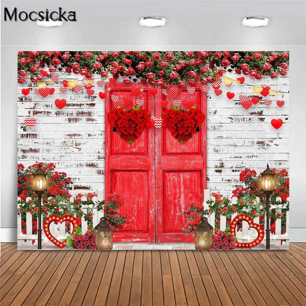 

Mocsicka Valentine's Day Backdrop Red Wooden Door Brick Wall Rose Heart Women Portrait Photo Background Studio Photography Props