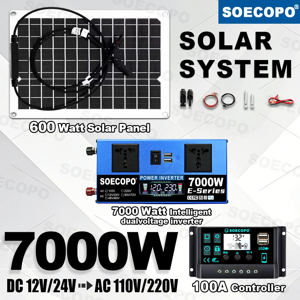 Stable Power 7000W Solar Kit 12V/24V To 220V 110V Inverter Durable| Dual Voltage | 100A Controller for Greenhouse Fishing home