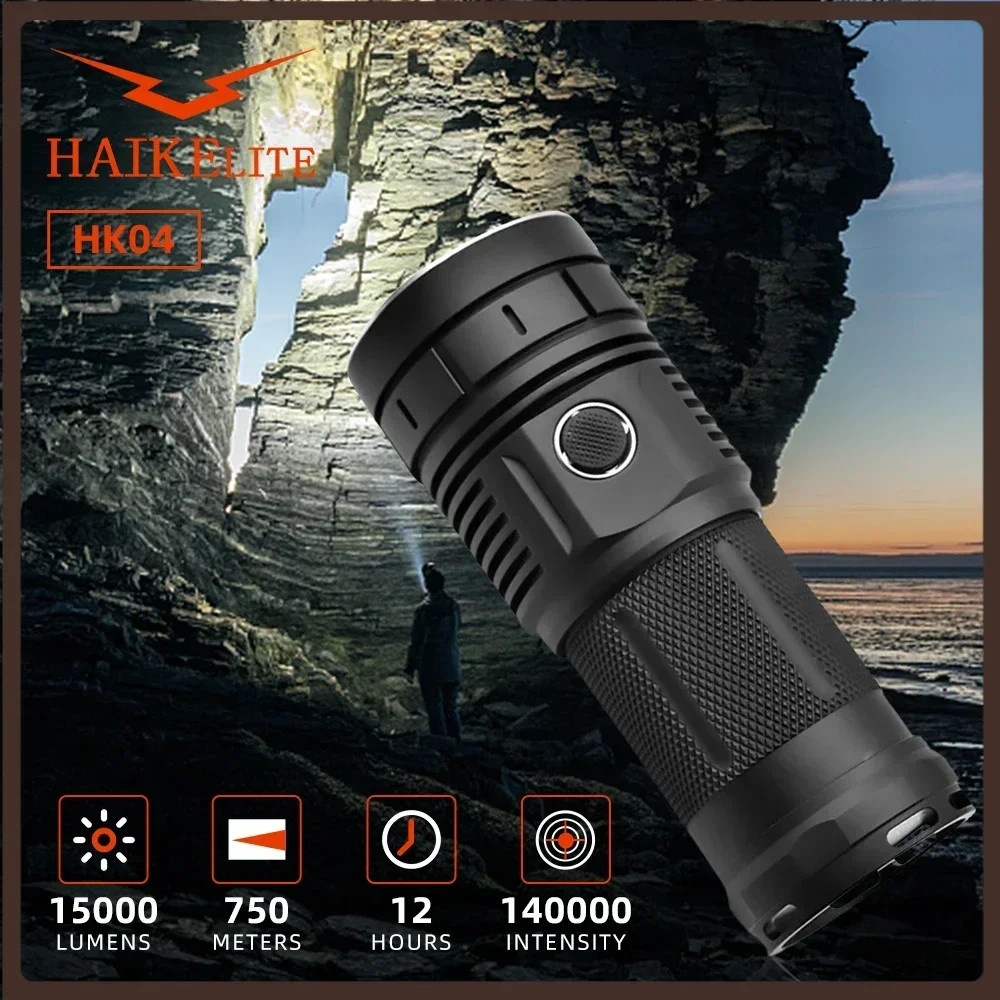 Haikelite HK04 Powerful Flashlight 15000LM Lantern 750m Range Type-C USB Charging Torch 18650 High Power Led Flashlights