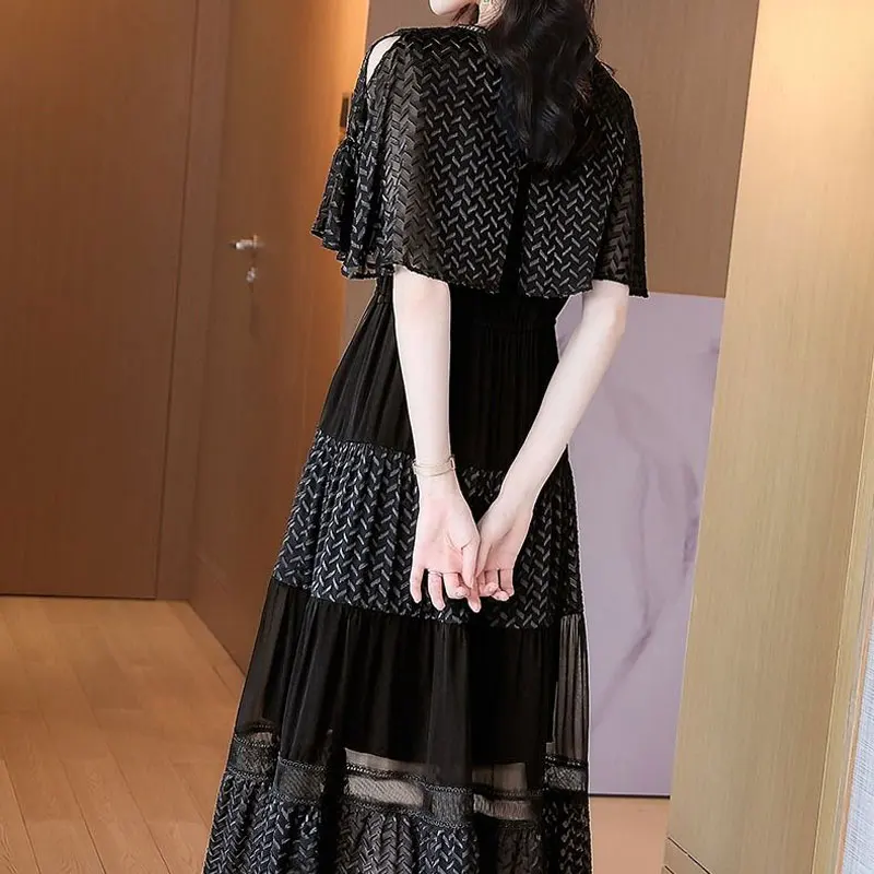 Summer New Stylish Off Shoulder Midi Dress Elegant V-Neck Female Clothing Hollow Out Lace Patchwork Commute A-Line Waist Dresses