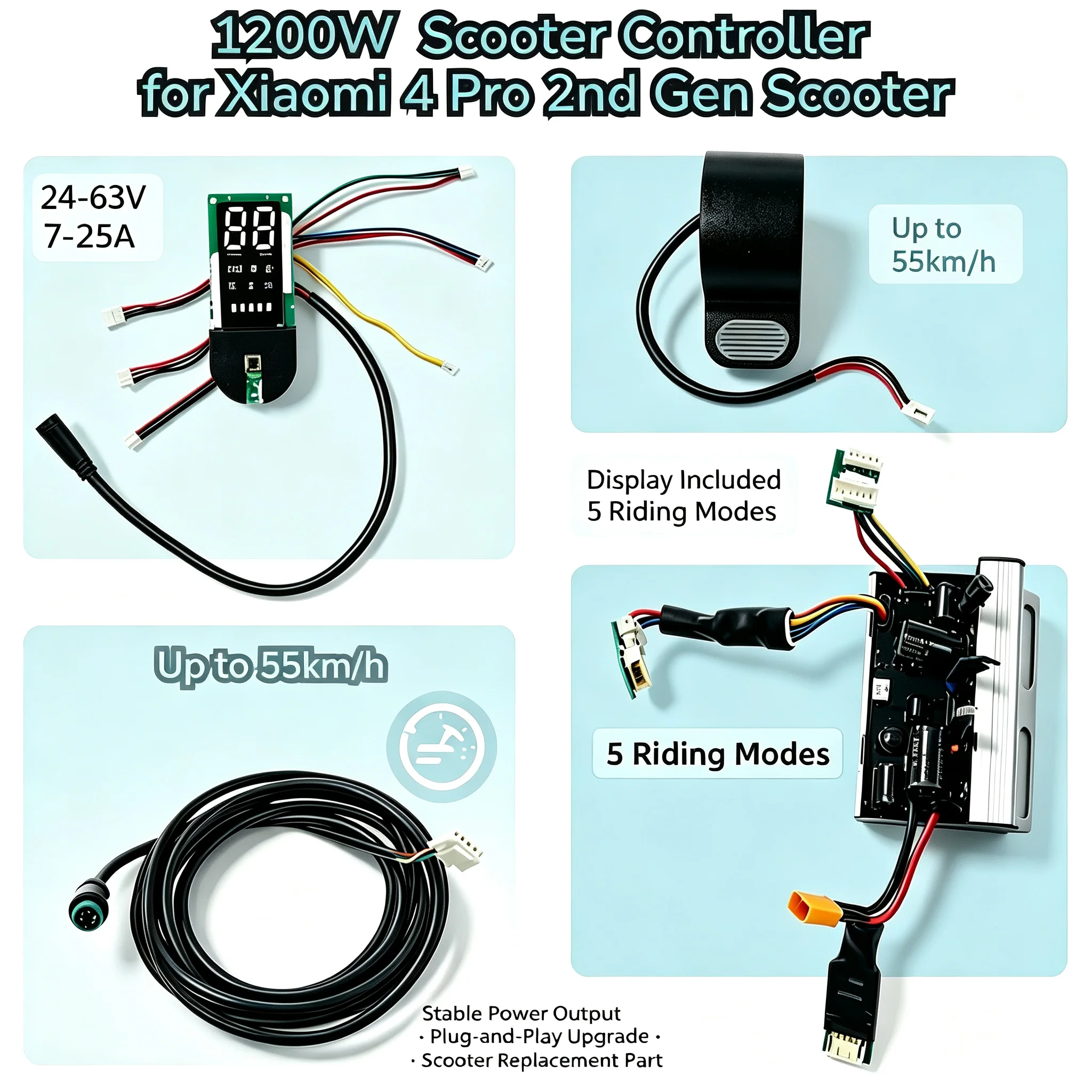 1200W Display Smart Controller für Xiaomi4 Pro 2. Generation Scooter, APP 5 Fahrmodi, 24-63V 7-25A Universelle Hauptplatine