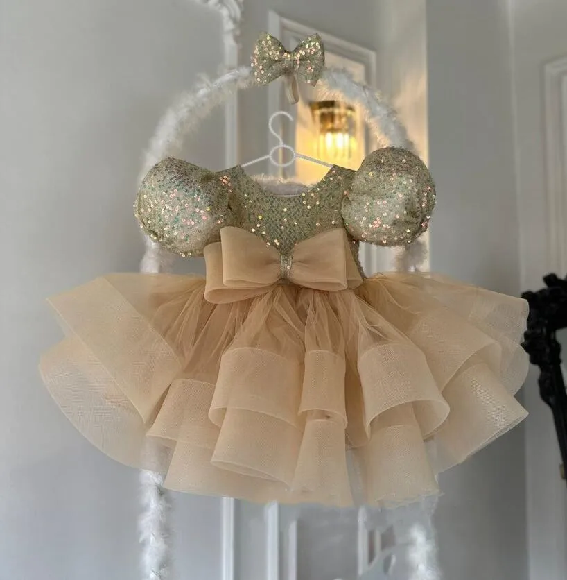 Gold Organza Princess Girl Dress Toddler 1st Birthday Dress Formal Christmas Cloth Flower Girl Dress Prom Gowns