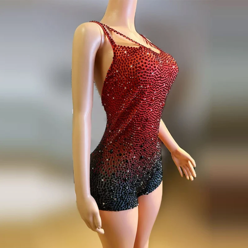 Halloween Cosplay Rave Outfits Red Black Rhinestones Bodysuit Women Pole Dance Gogo Costumes Nightclub Bar Stage Wear XS10163