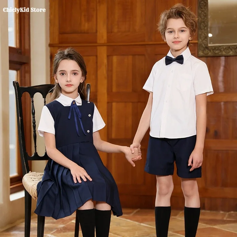 

Boys Korean School Uniform Shirt Shorts Girls British Preppy Dress Kids Kindergarten Clothes Set Children Students Summer Outfit