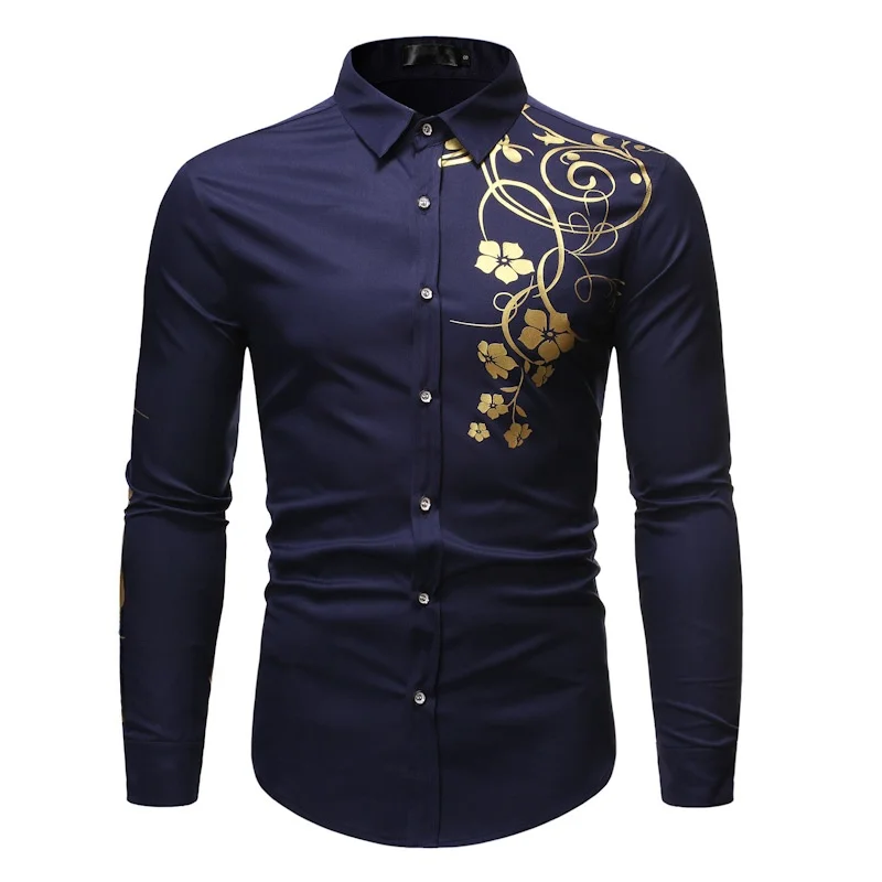 Black Gold Stamp Print Long Sleeve Shirt Disco Night Club Muscle Man Performance Shirt Trendy Slim Fit Polyester Cotton Blend