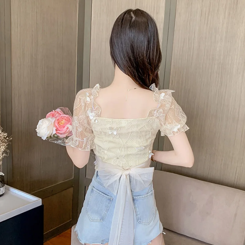 2023 Summer Puff Sleeve Off Shoulder Shirts Mesh Lace Bow Tops Sexy Sheer Buttoned Blouse For Women Blusa Mujer Blouses Ladies