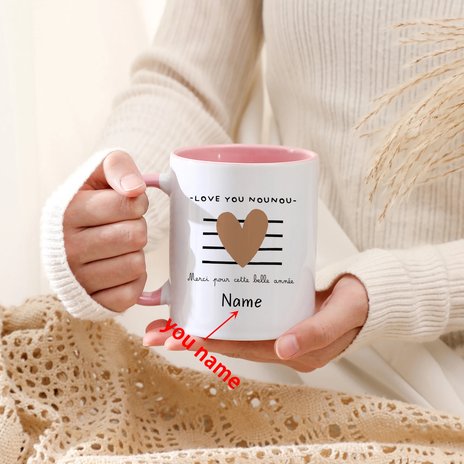 

Love You Nounou Custom Name Mug Creative Drink Coffee Cup with Handle Ceramic Cups Personalized Mugs Thank Nanny Pampering Gifts