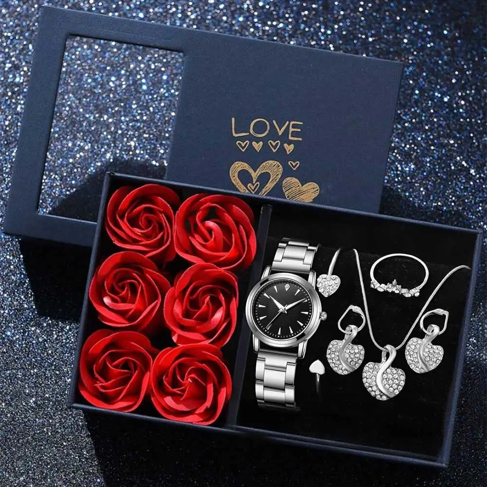 

6 шт./компл. серебряные женские часы, модные модные простые стильные кварцевые часы, браслет, ожерелье, серьги, идеальный подарочный набор