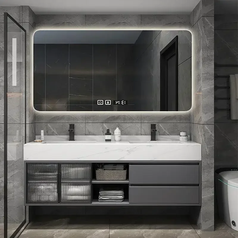 Luxury Bathroom Mirror Cabinet Double Basin Slate Integrated Ceramic Washbasin Bathroom Vanity Sink Cabinet Bathroom Furniture