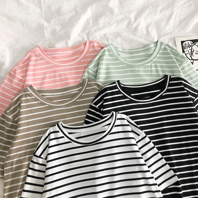 Women's Casual Punk T-irt Color Striped One-Ne Slim Fit Cotton 96% Other Material 4% Thin Seven-Sve Printed T-irt