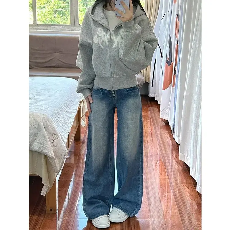 

Women's Blue Washed High Waist Wide Leg Jeans Loose Casual Straight Denim Pants