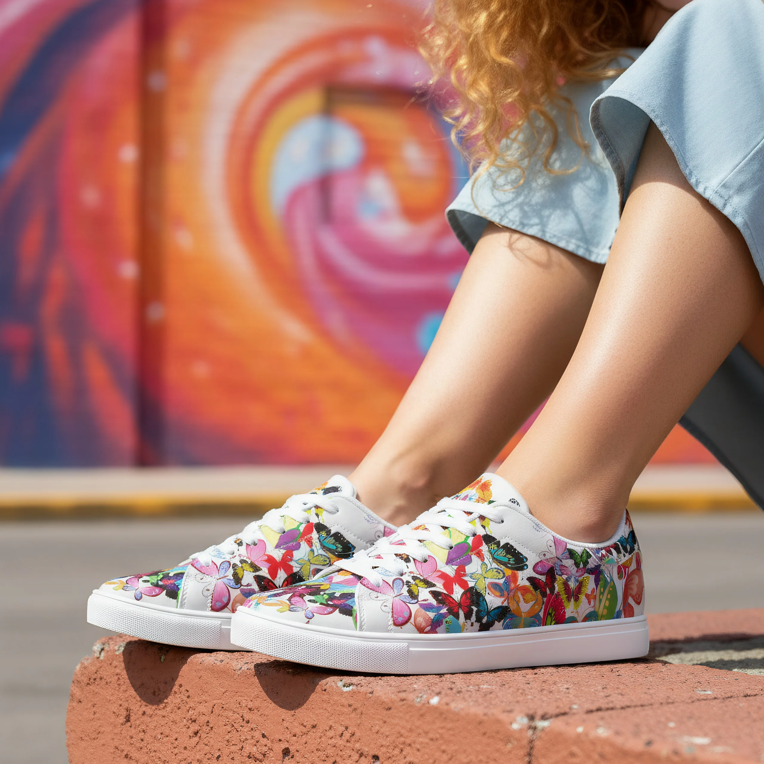 

Colorful butterfly print casual sneakers stylish white sneakers suitable for both men and women