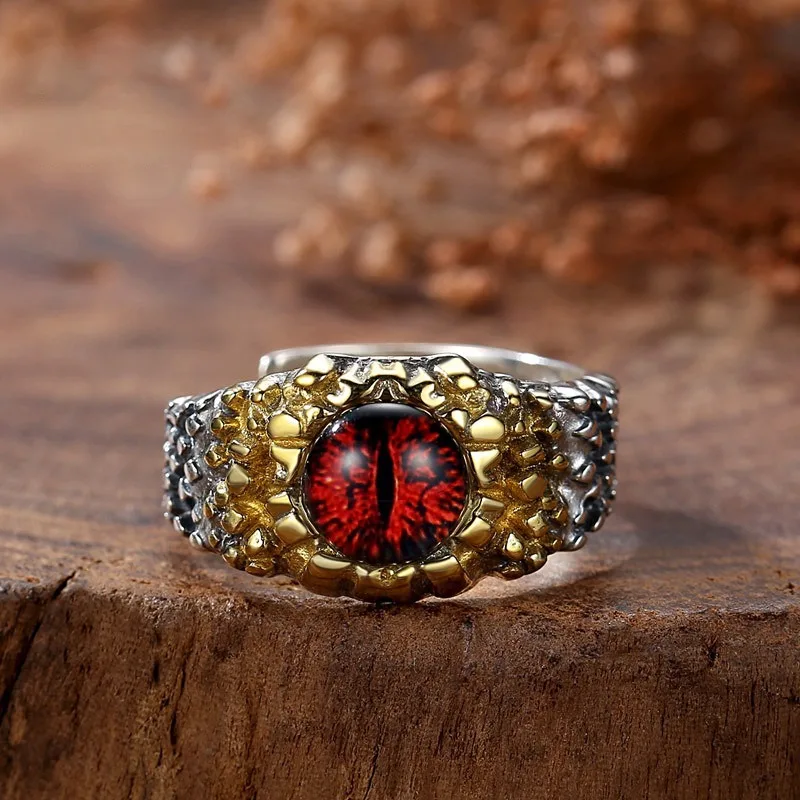 Vintage Punk Style Hip Hop Pythons Snake Eye Unique Crafts Red Ring Opening Adjustable Thai Silver 925 Mens Rings Fine Jewelry