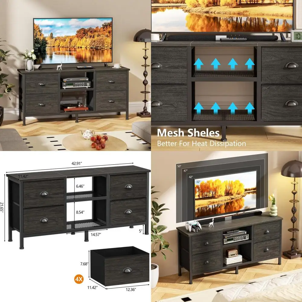 

43 Подставка под телевизор из светло-черного дуба с 4 ящиками и открытыми полками для 50 телевизоров