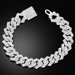 14MM Prong Cuban Link Chain Bracelets Iced Out 2 Row Rhinestone Paved Rhombus Cuban Chain Bracelets Hip Hop Jewelry Wholesale