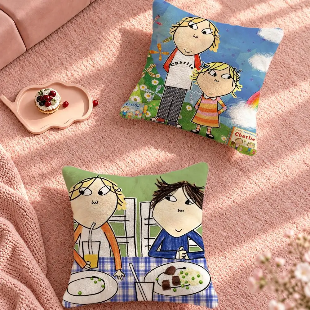 Cartoon Kids Charlie and Lola Cushion Cover Cute Cartoon Throw Pillow Cover Soft Plush Cushion Cover Sofa Bedroom Home Decor