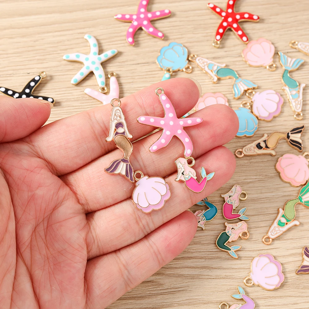 10 Stück niedliche, gemischte Emaille-Anhänger mit Motiven von Meereslebewesen, Seesternen, Muscheln und Meerjungfrauen für die Schmuckherstellung, Halsketten, Ohrringe, DIY-Bastelbedarf – Detail 2