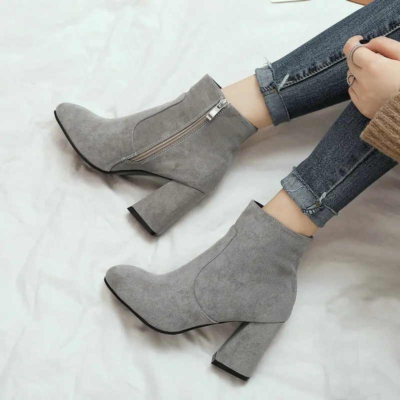 Flock Faux Suede Leather Beige Grey Black Women Shoes Classic Mature Lady Pumps Motorcycle Ankle Short Boots Bootie Chunky Heels