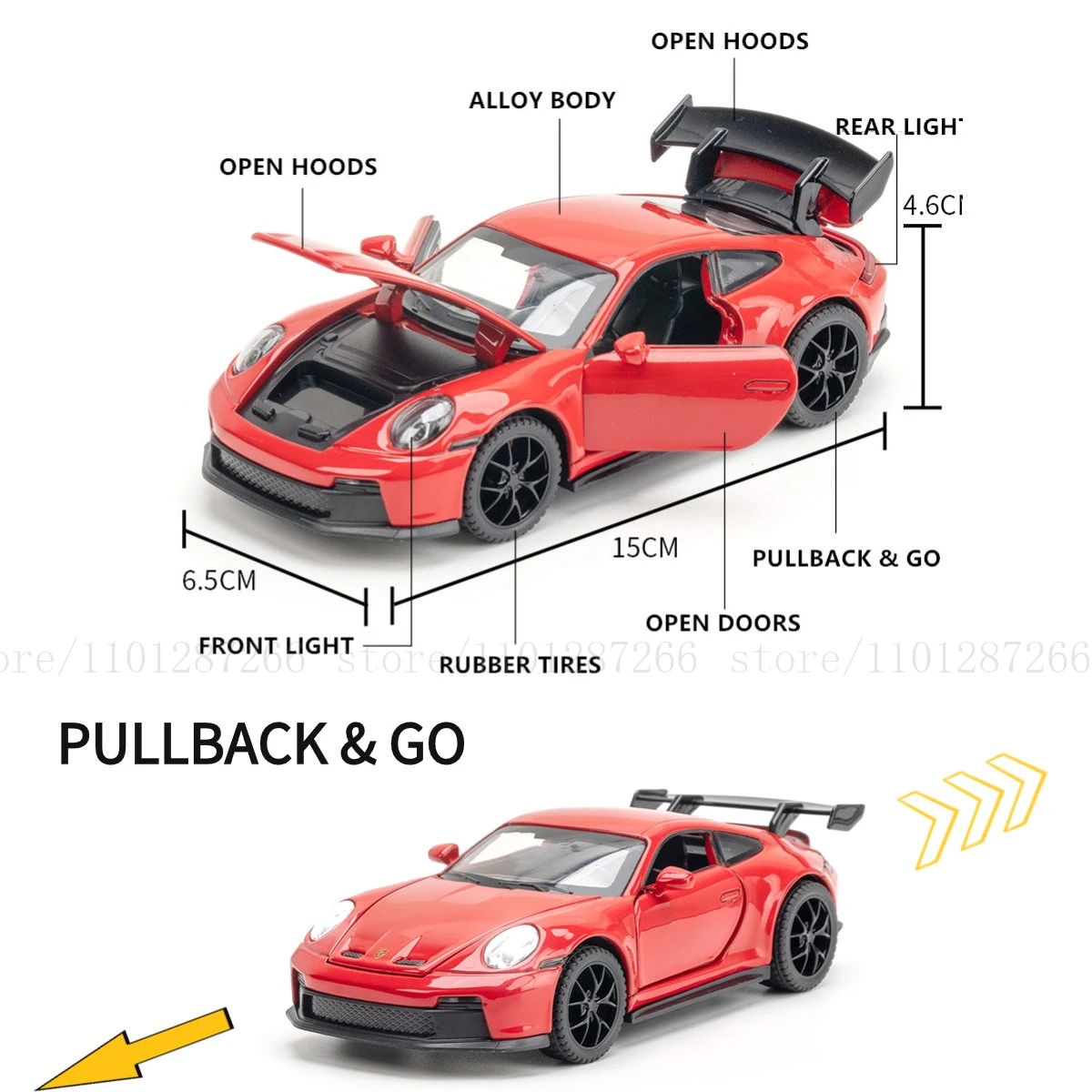 1:32 Porsche 911 GT3 Pullback Car Toy with Lights Engine Sound, Audi Mclaren Diecast Car Model Scale Replica Gift Kid Boy Toy