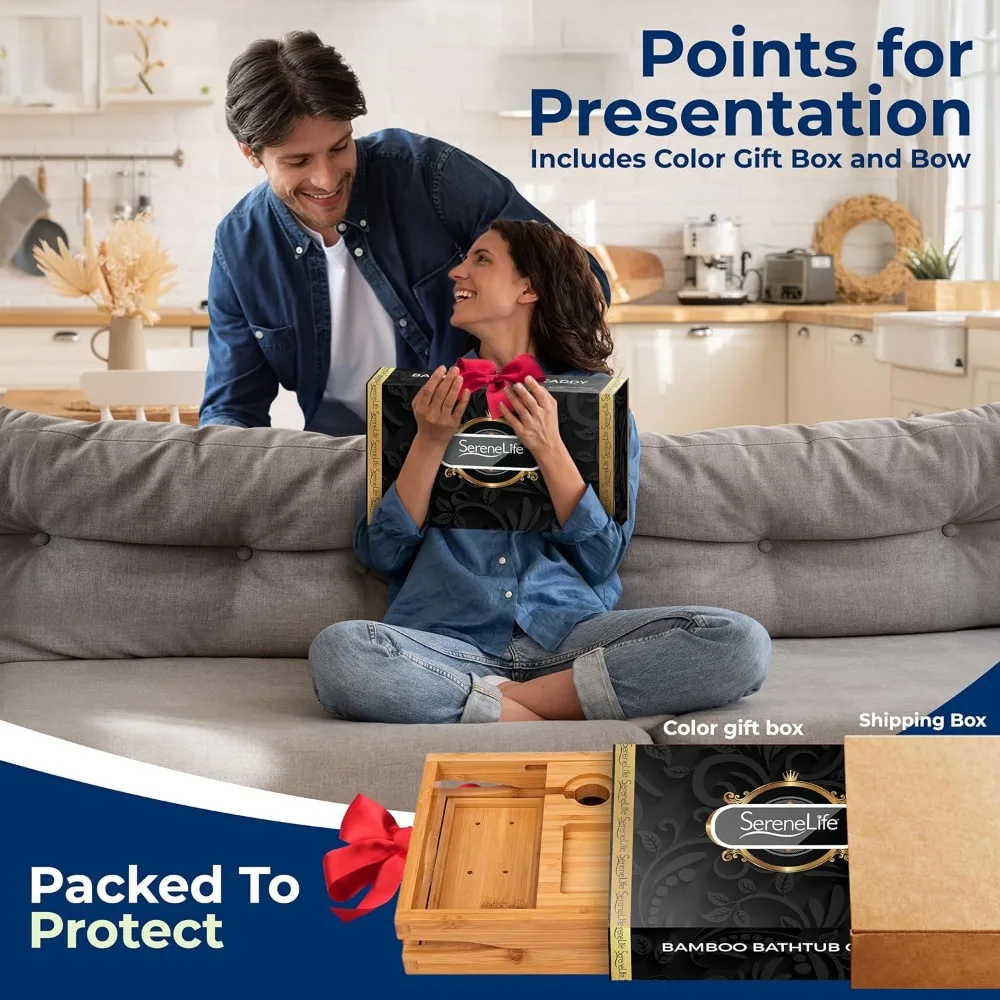 

Расширяемый бамбуковый поднос для ванны с держателем для устройства и прорезями для вина — складной регулируемый чехол для расслабляющей ванны, роскошная