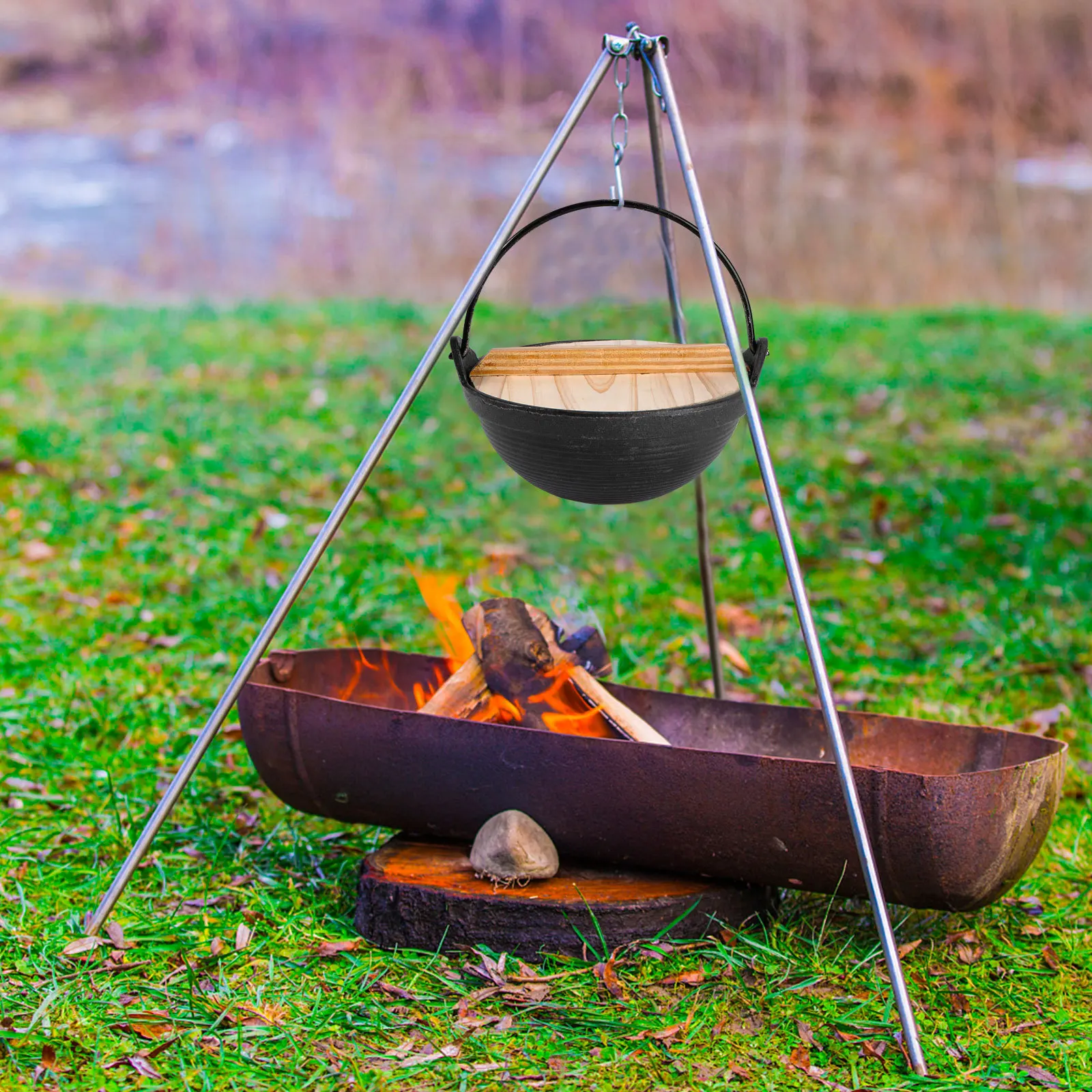 

1Set Cast Iron Hot Pot Sukiyaki Premium Wood Handle Portable Outdoor Cooking Pot Camping Hiking Picnic Multifunctional Nonstick