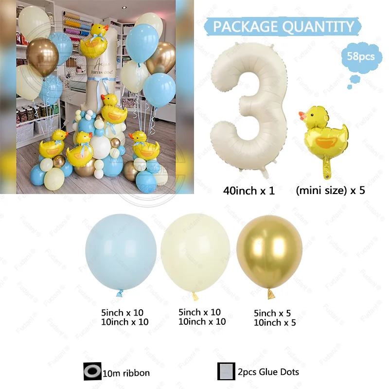 58pcs Mini Duck Balloon Arch Garland Kit 40inch Cream Color Number Blue Latex Balloons for Boy Girl Birthday Party Decor