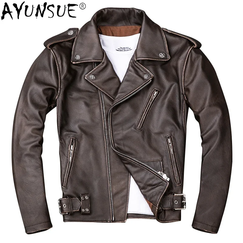 

AYUNSUE High Quality Fashion Leather Jacket Men Vintage Motorcycle Coat Streetwear Men Clothing Cowhide Coats Jaqueta Masculina