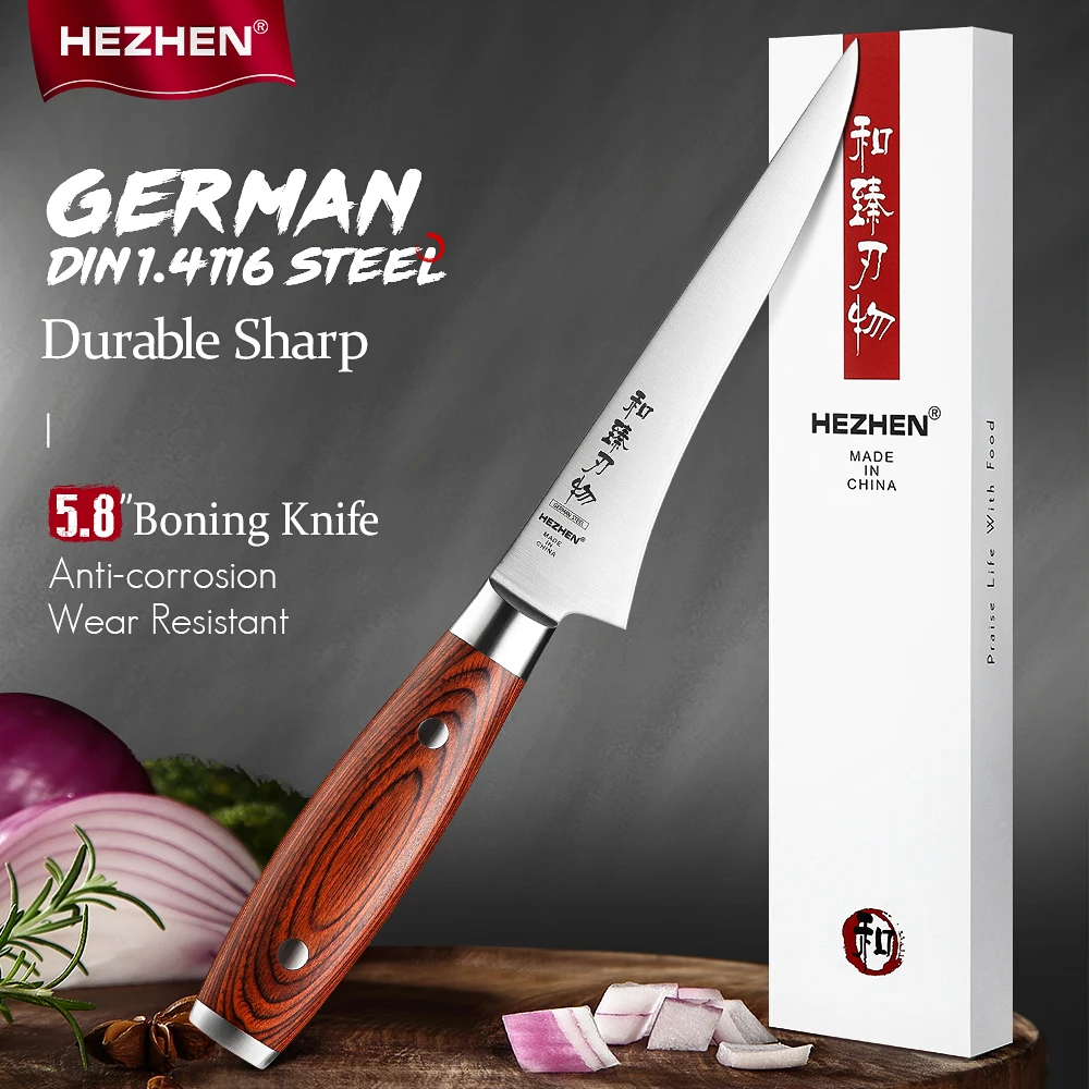 

HEZHEN 5.8" Expert Boning Knife - German 1.4116 Steel Blade with Pakka Wood Handle for Effortless Deboning