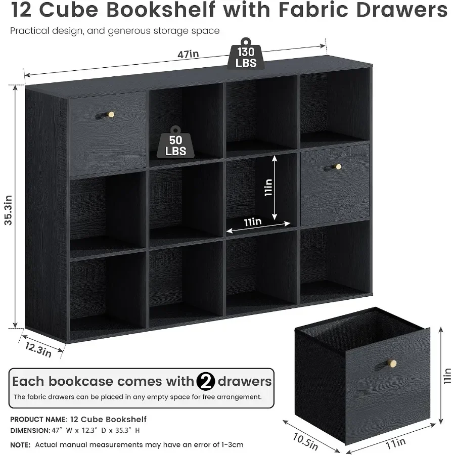 Cube Storage Organizer with 12 Open Shelf, Bookshelf with Storage Bins, Freestanding Book Case, Cubicle Shelf Bookcase for Bedr