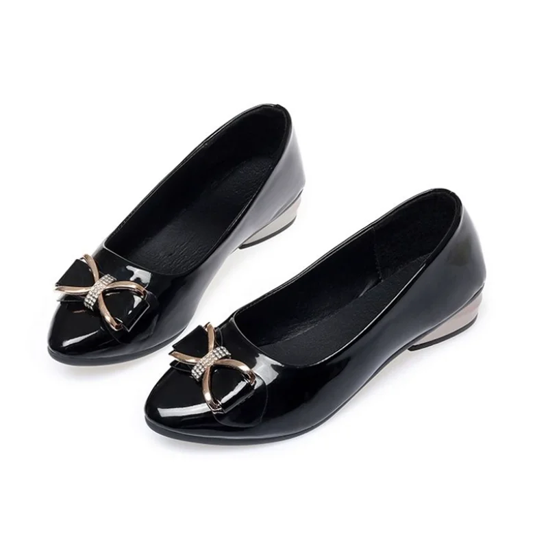 Women Fashion Light Weight Black Bow Tie Pu Leather Slip on Square Heel Shoes for Party Lady Casual Comfort Office Shoes A15