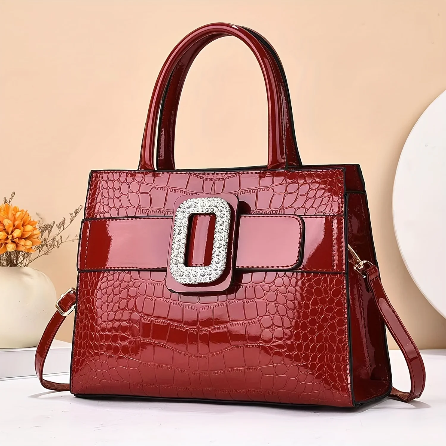 Niche Classic Solid Color Satchel Bag, Elegant Crocodile Pattern Top Handle Handbag With Buckle Decor Edible Gold bag Yk purse