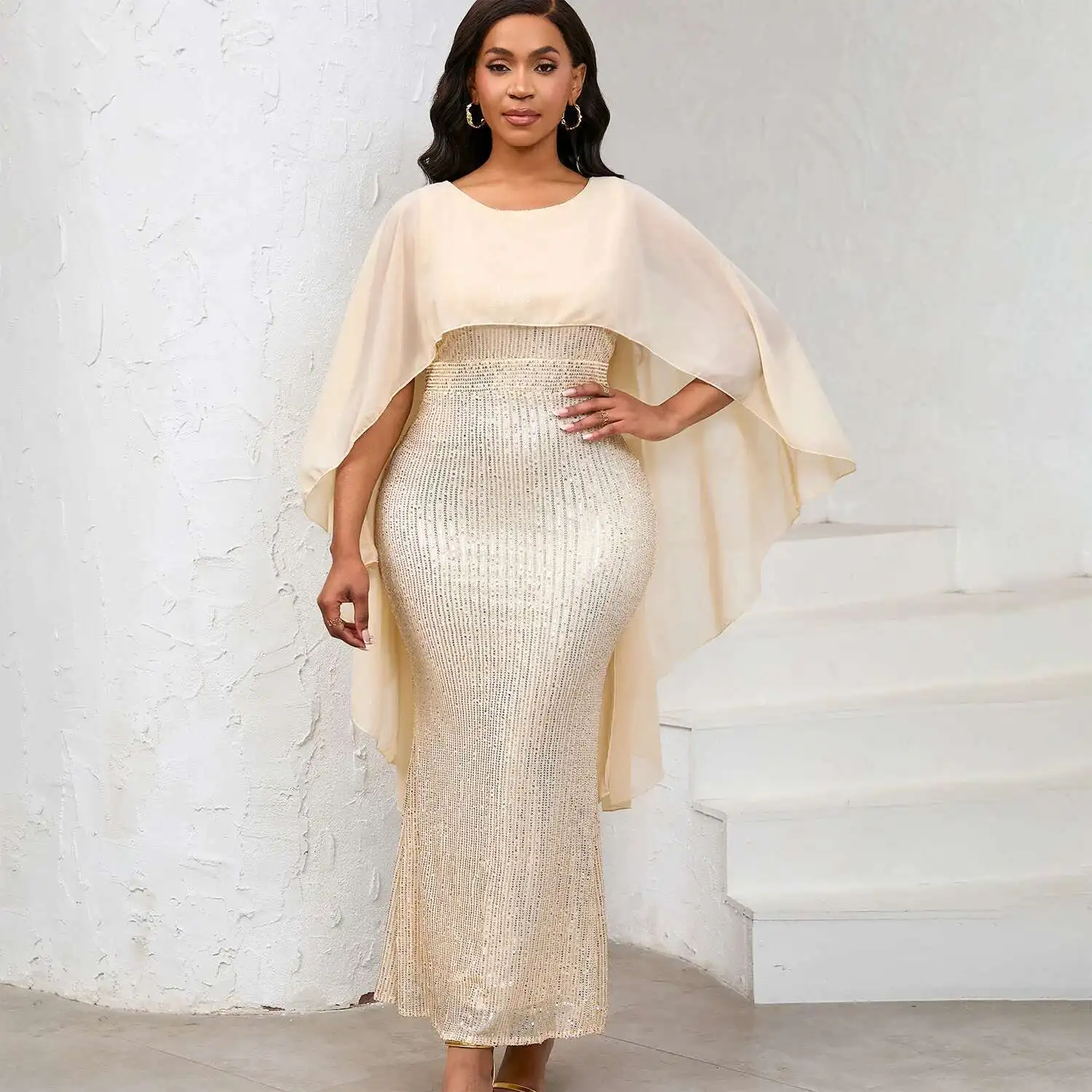 

D556 women's spring new fashion chiffon cape sequin wrapped hip long skirt banquet party dress