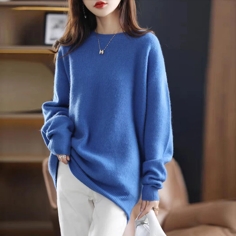 Women Clothing Solid Loose Knitted Tunic Autumn Winter Thick O-neck Casual Loose Soft Warm Sweaters Simple Wool Pullover