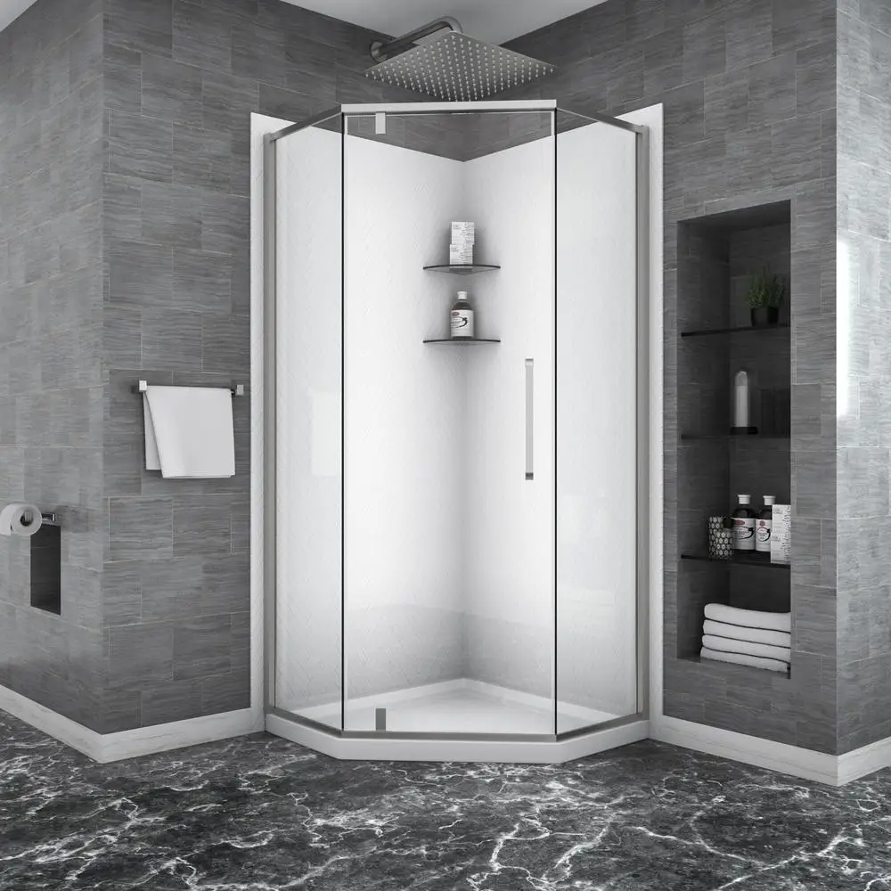

34-1/8" x 72" Semi-Frameless Neo-Angle Shower Door Brushed Nickel 5/16" Tempered Glass Hinged Enclosure