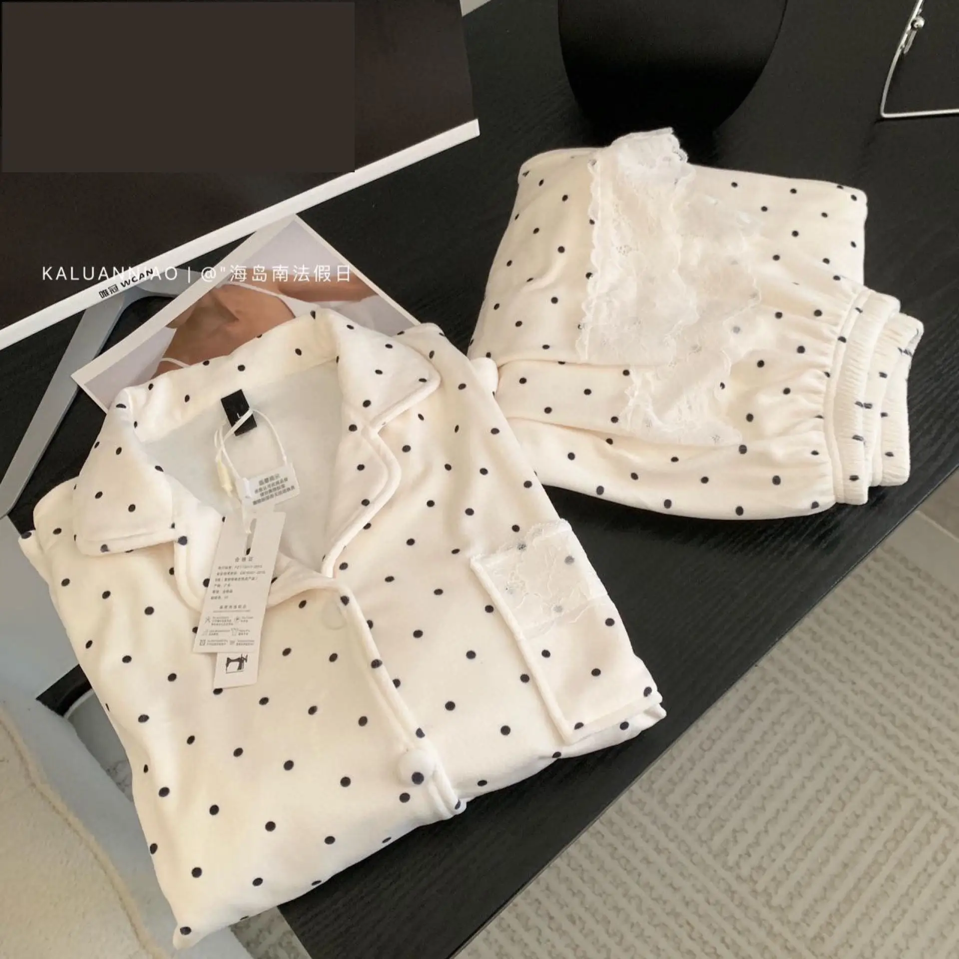 Dotted Island Velvet Sleepwear Women's Winter New Style And Thick Home Clothes Set Long Sleeve Pants Female Nightwear Suit