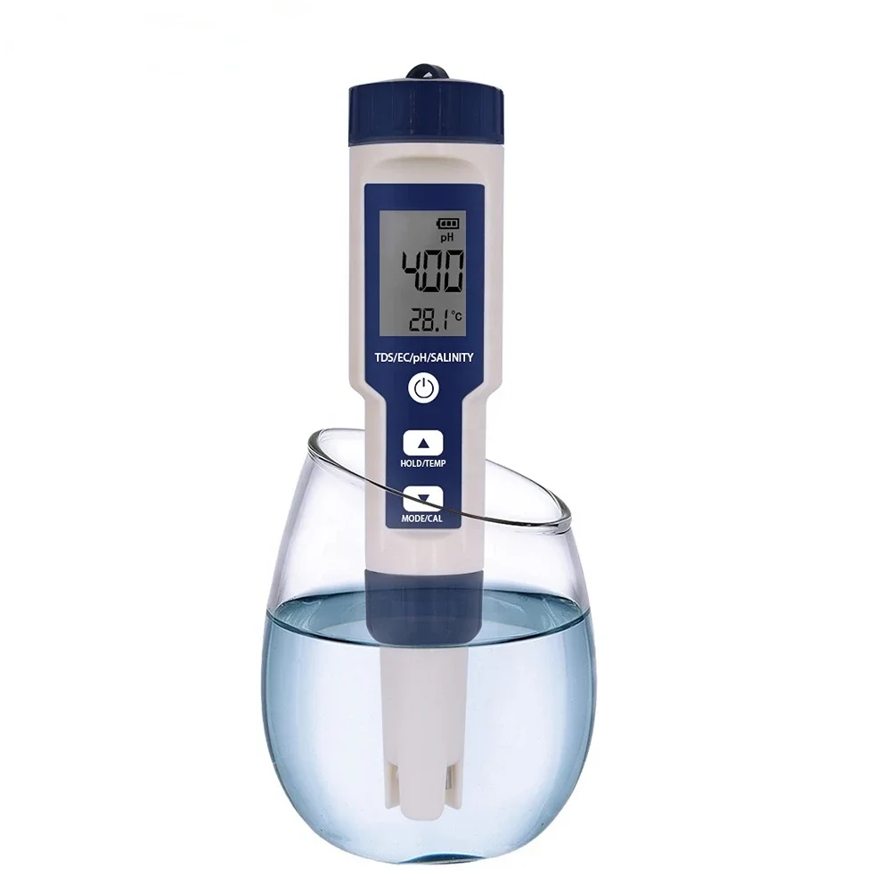 Portable 5 in 1 TDS/EC/PH/Salinity/Temperature Meter Digital Water Quality PH Tester forPools, Drinking Water, Aquariums