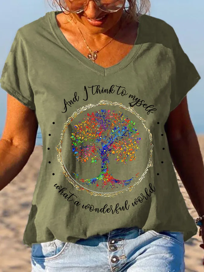 Chic Women's Short Sleeve Hippie T-Shirts Casual V Neck T Shirt Summer Tops Multicolored Tree Printed Tees