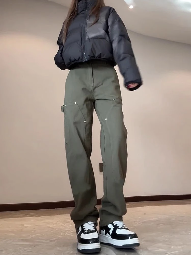 Pantalon cargo pour femme de style militaire rétro américain, printemps automne, jambe droite, effet allongeant les jambes