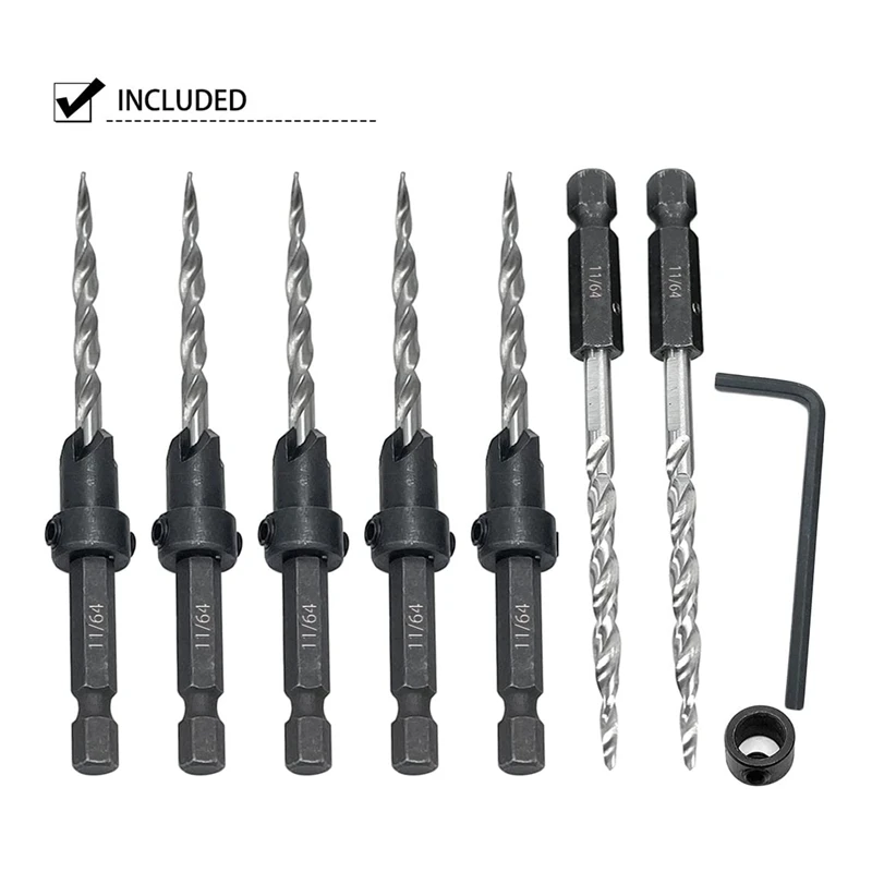 5Pcs Wood Countersink Drill Bit Set With 2Pcs Counter Sinker Replacement Tapered Drill Bit For Drilling Pilot Hole