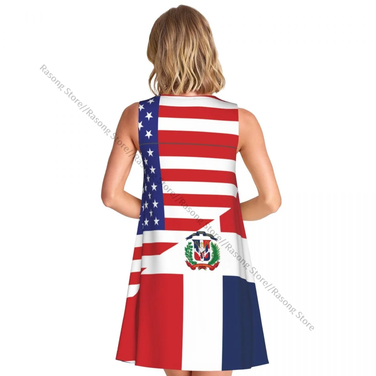 Robe de vêtements pour femmes, drapeau américain et drapeau de la république dominicaine, col rond, longueur sans manches