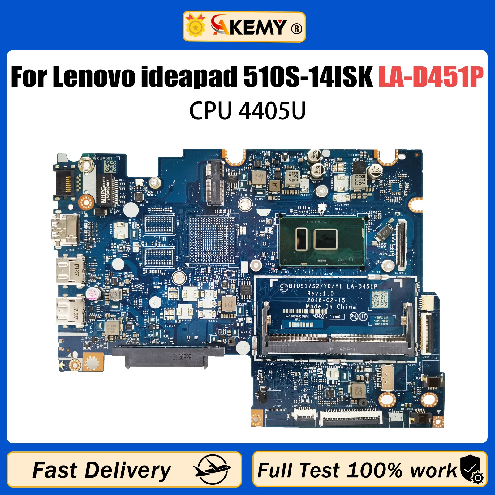 

AKEMY For Lenovo ideapad 510S-14ISK 310S-14ISK Laptop Motherboard BIUS1/S2/Y0/Y1 LA-D451P Mainboard With CPU 4405U test work