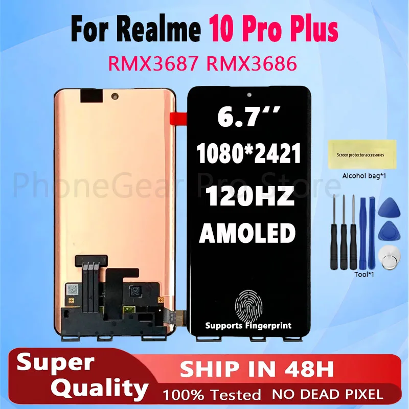 6.7'' New Orig AMOLED For Realme 10 Pro Plus RMX3687 RMX3686 LCD Display Touch Screen For Realme 10 Pro+ Digitizer Replacement