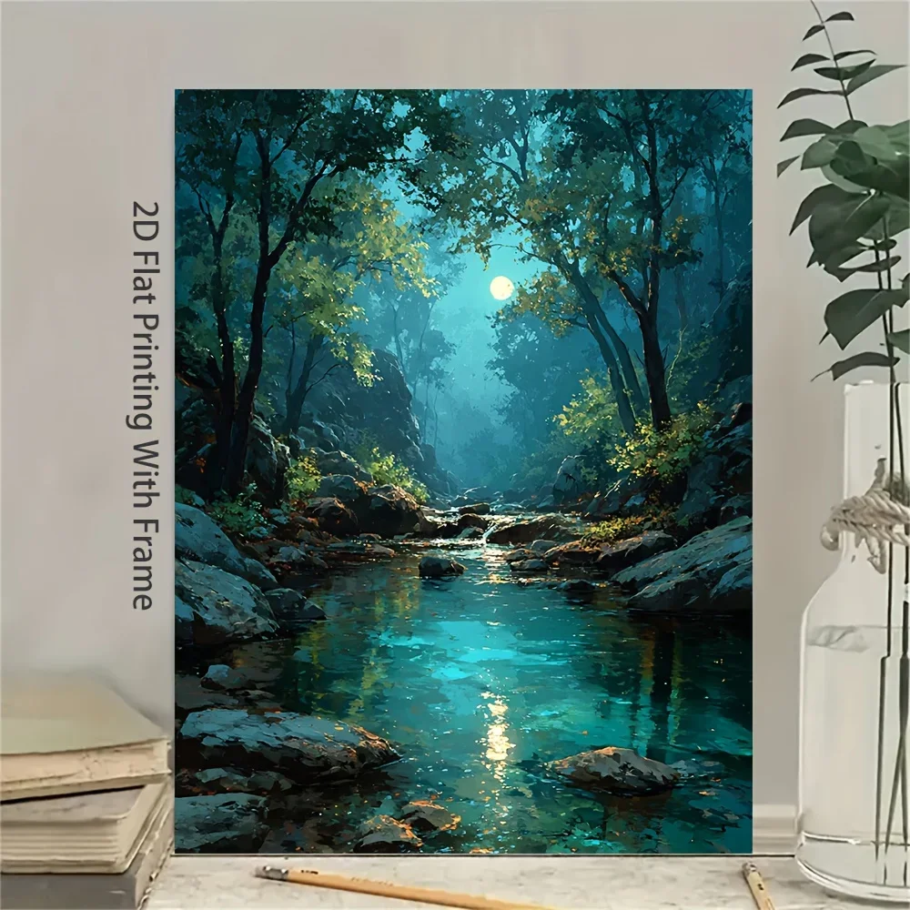 (No frame)1pc Large 16x24 Inch Modern Minimalist Moonlit Forest Canvas Wall Art - Turquoise & Blue Night Landscape Painting w