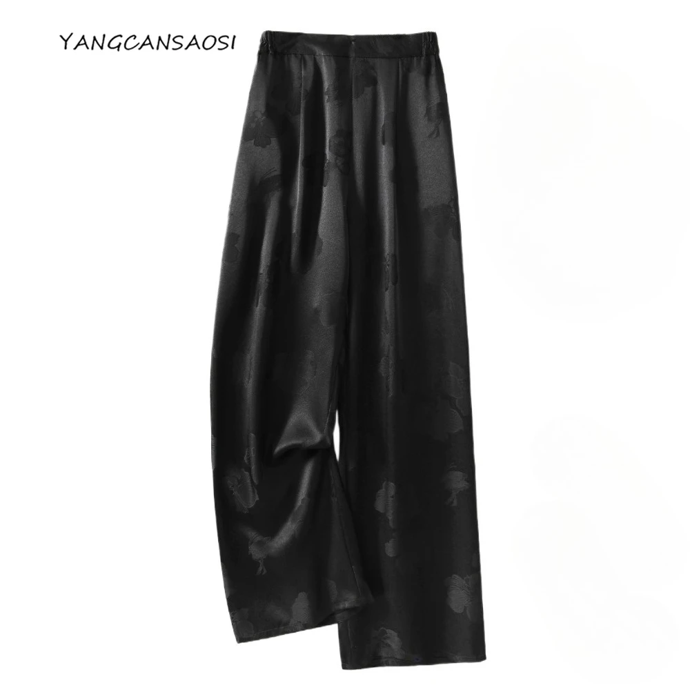 

Women's Fashion Autumn New Versatile 100% Natural Mulberry Silk Jacquard Satin Elastic Waist Loose Casual Straight Leg Pants