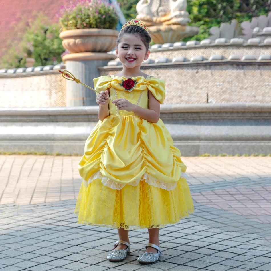 Girls Belle Cosplay Princess Dress Children Birthday Festival Party Lace Yellow Ball Gown Kids Carnival Halloween Slip Frocks