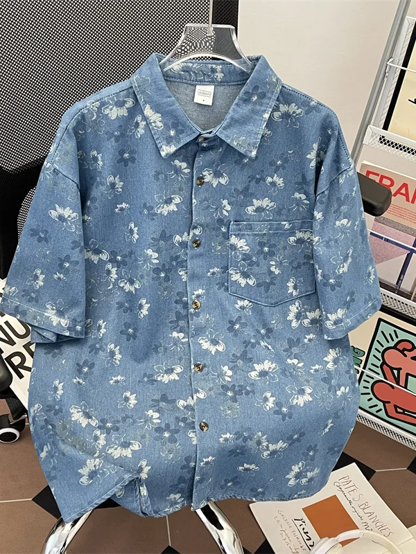 

Retro Japanese Sle Men's Denim irt ort Sve Floral Print Loose Outerwear Summer Trendy Casual Classic Waed Jeans