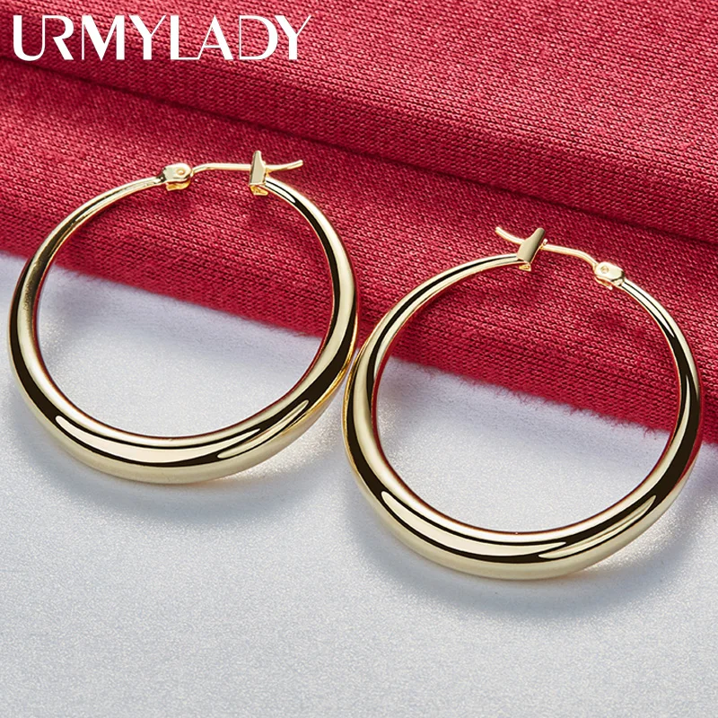 URMYLADY Smooth Round Moon Hoop Earrings 925 Sterling Silver For Women Charm Wedding Engagement Fashion Party Jewelry