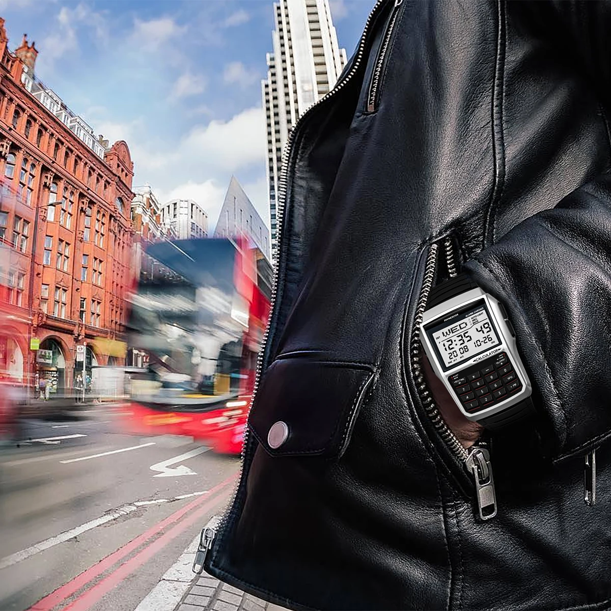 ساعة آلة حاسبة رجالية متعددة الوظائف، ساعة إلكترونية LED فاخرة، ساعة رقمية رياضية مقاومة للماء، نمط الكمبيوتر #5