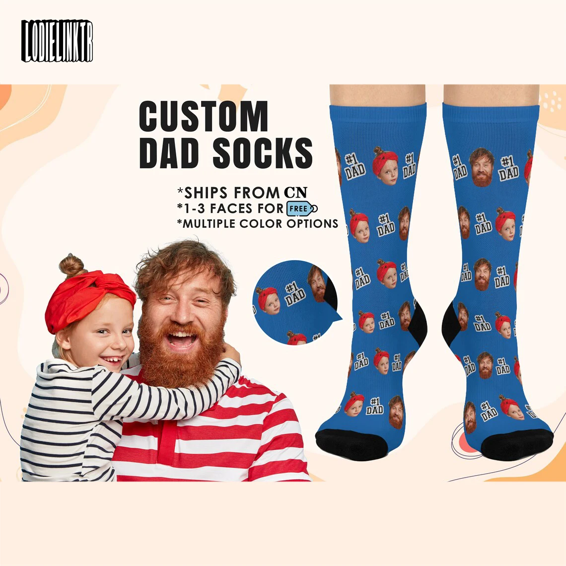 Calcetines largos personalizados para el Día del Padre, calcetín con texto y cara, diseño creativo, cumpleaños, abuelos